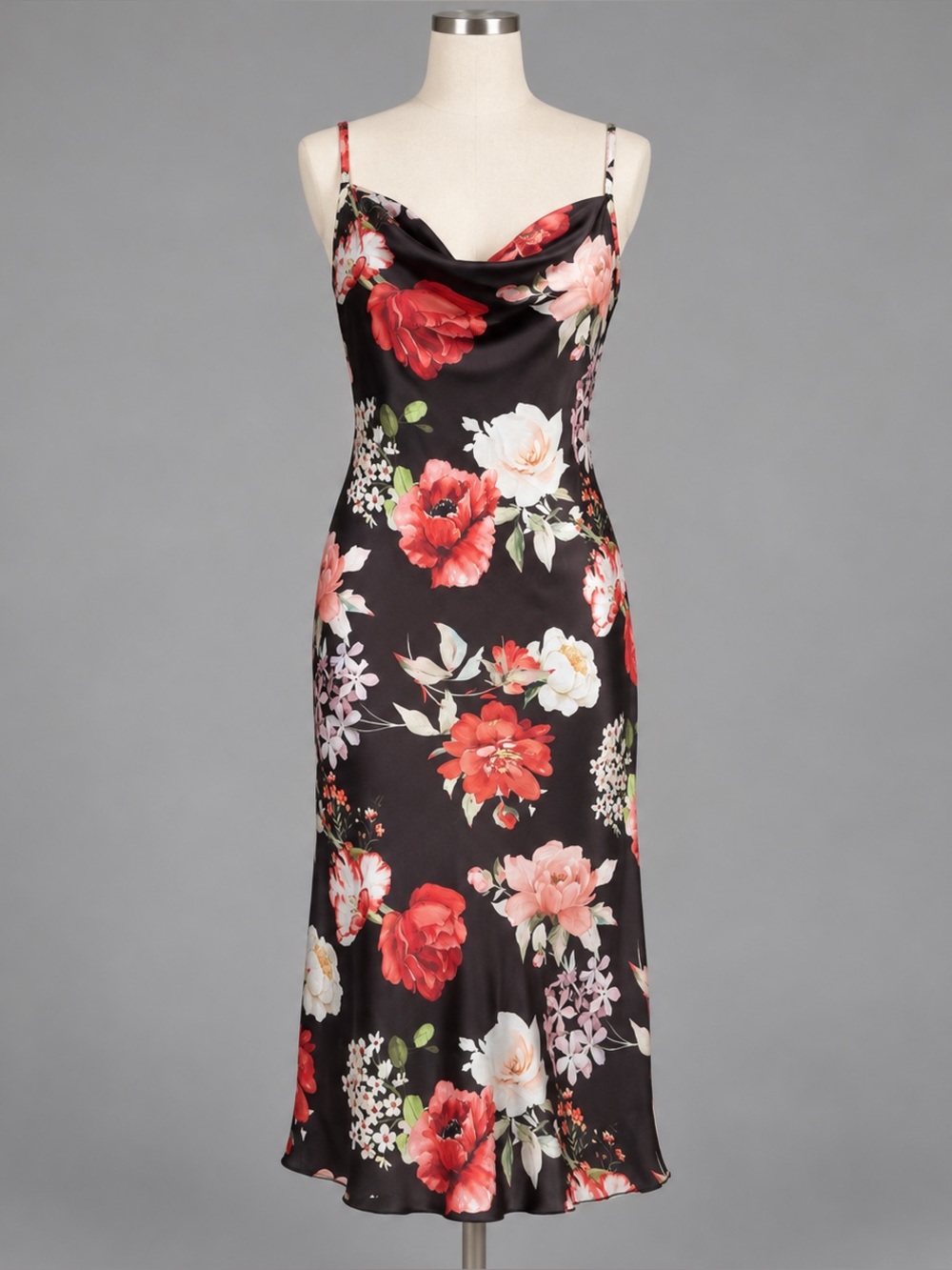 vtg Y2K bebe Floral Satin Cowl Neck Midi Slip Dress Black Red XS Made USA